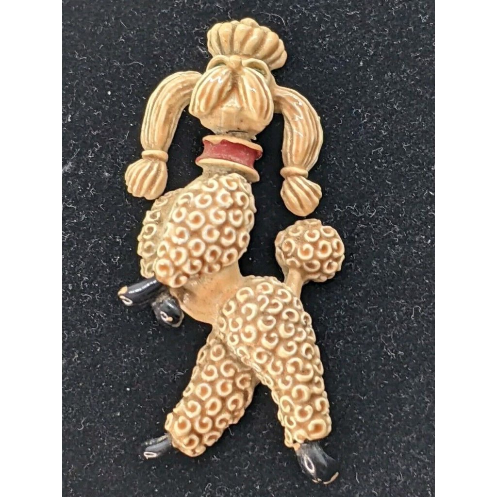 Jj Jonette Poodle Brooch Pin Beige Enamel Spaghetti Dog Signed Vintage 1.75